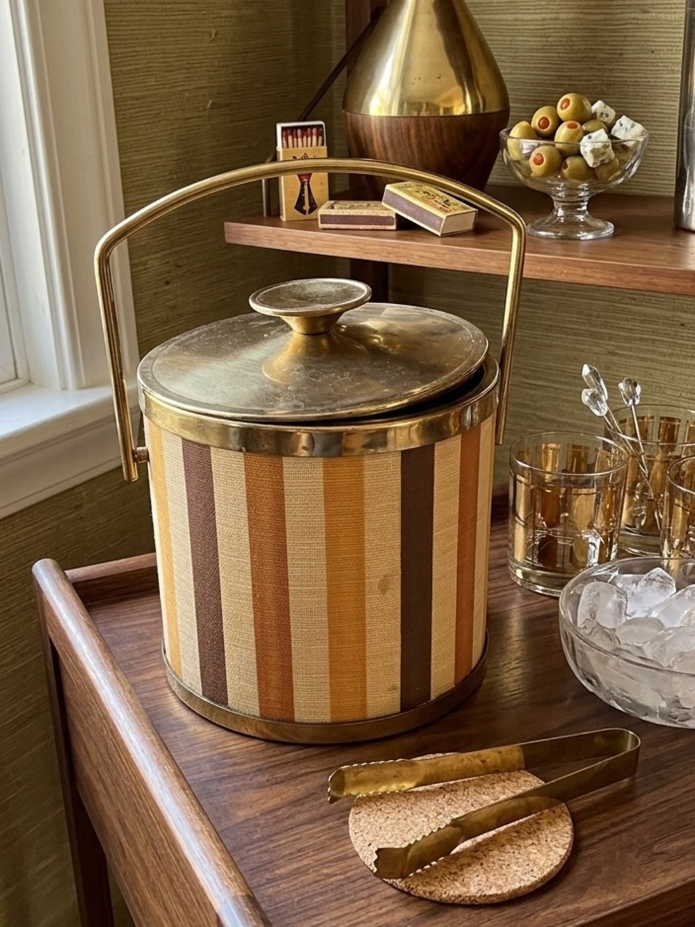 Vintage Brass-Accented Striped Ice Bucket - Brown/Gold